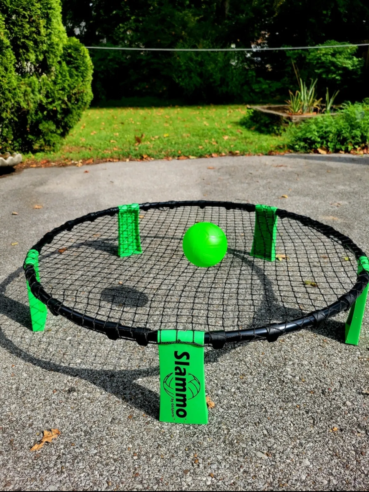 This energetic outdoor scene shows a green ball and net set up for a game of Slammo, with green stands in the background. It captures the spirit of friendly group competitions and outdoor fun, ideal for gatherings.