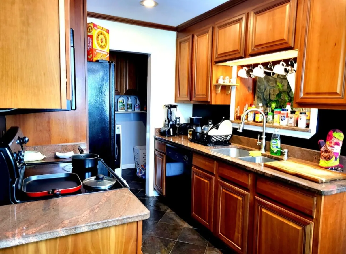 A second kitchen perspective highlighting stainless steel appliances, elegant granite countertops, ample cabinetry, and a window with lush greenery outside. The inviting space is ideal for both cooking and socializing.